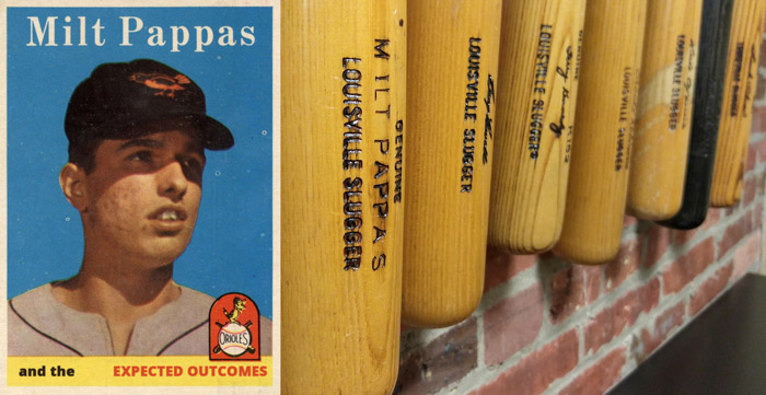 Milt Pappas' baseball card, his bat amongst other Oriole bats